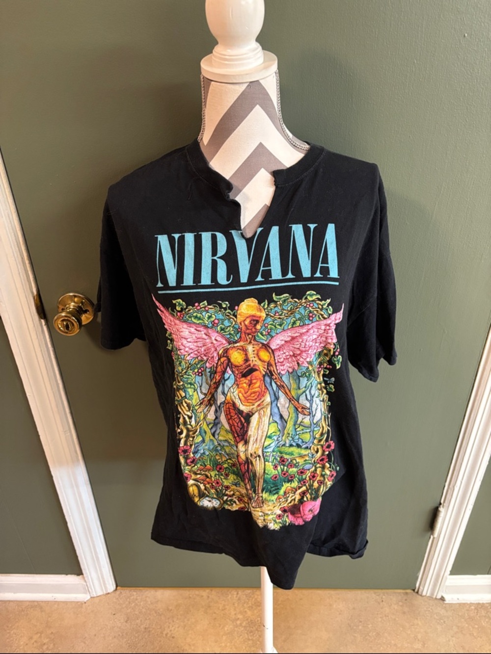 NIRVANA Black Tee with Turquoise Logo and Pink Angel Graphic